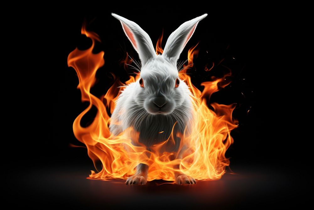 White rabbit fire flame animal mammal black background.