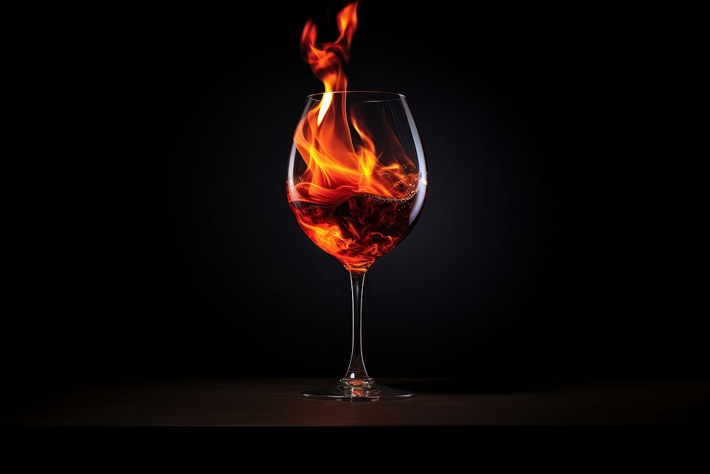 Wine glass fire flame drink black background refreshment.