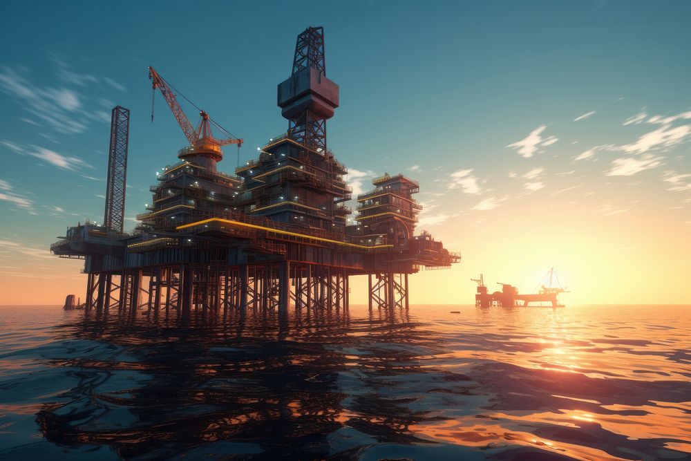 A large oil rig floating on the ocean architecture outdoors vehicle.