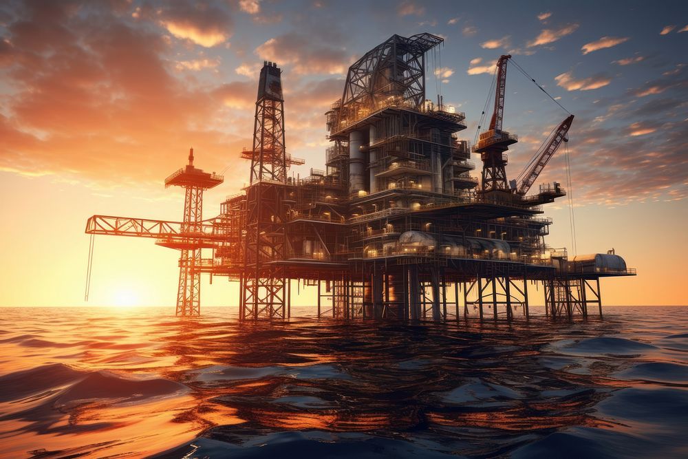 A large oil rig floating on the ocean architecture outdoors sunset.