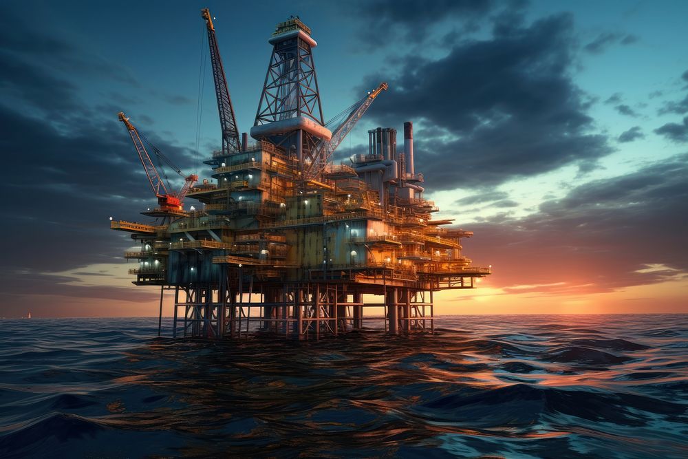A large oil rig floating on the ocean architecture outdoors sunset.