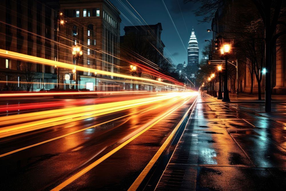 Street scene with a light trails city architecture metropolis.