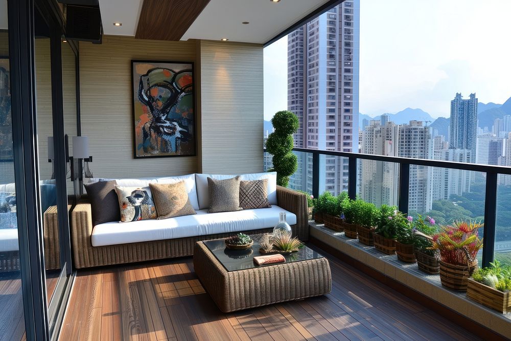 Balcony space modern decorations with sofa furniture architecture apartment.