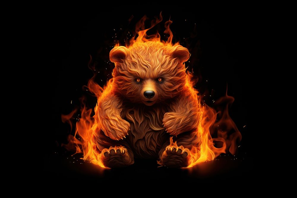 Bear full house fire flame mammal black background representation.
