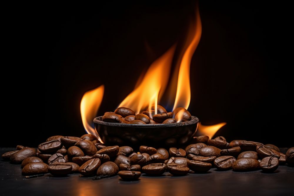 Coffee bean flame fireplace black background coffee beans.