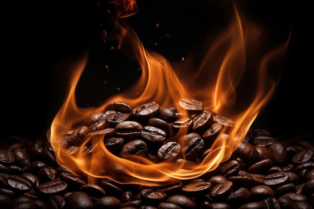 Coffee bean flame fire black background coffee beans.