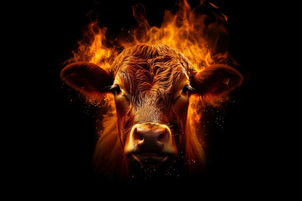 Cow fire flame livestock mammal cattle.