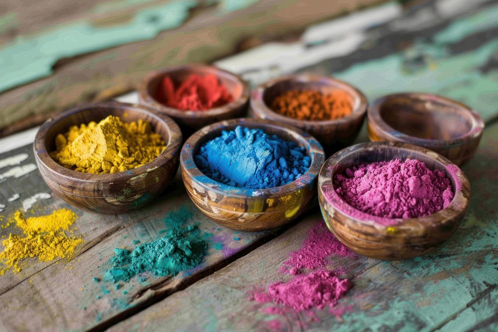 Holi color powders bowl wood ingredient.