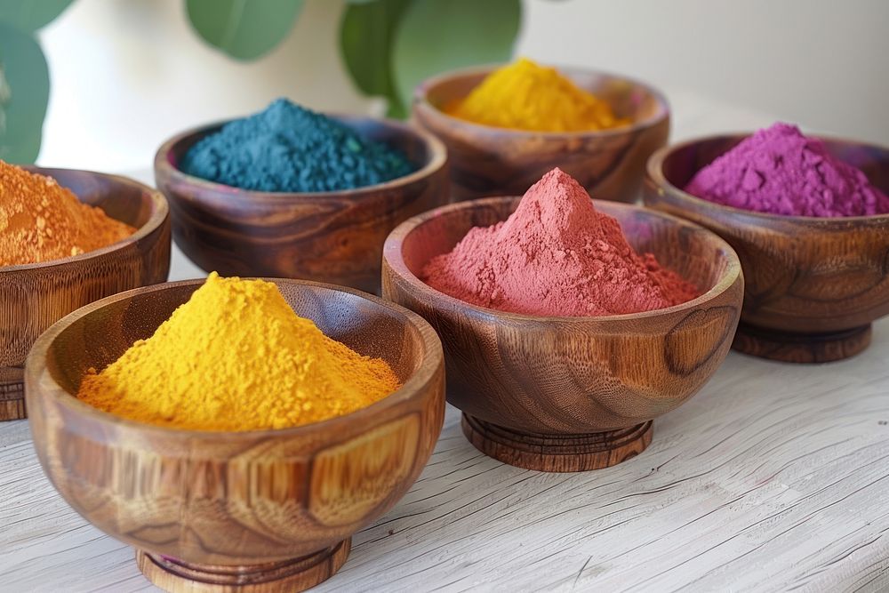 Holi color powders bowl food wood.