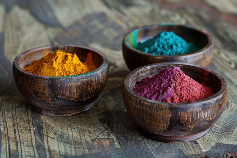 Holi color powders bowl wood ingredient.