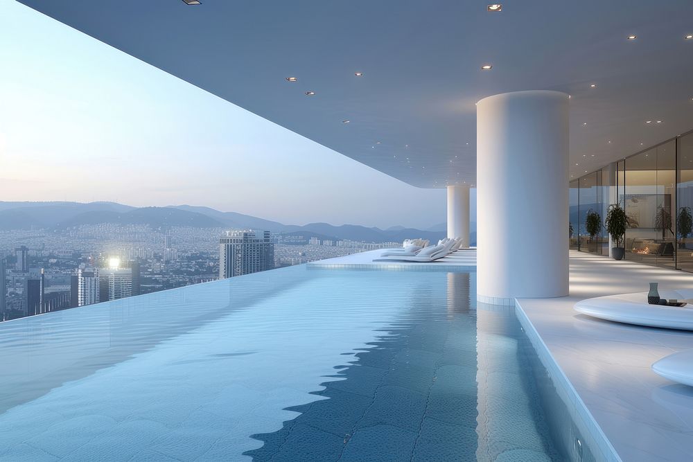 Infinity pool of white penthouse apartment city architecture cityscape.