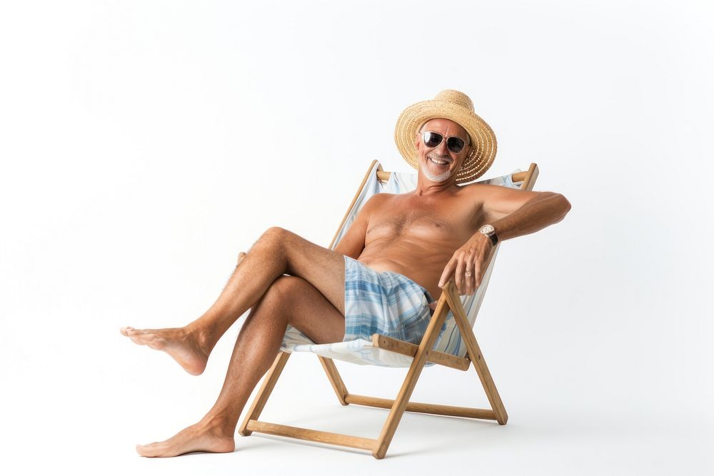 Mature man sitting sunbathing chair.