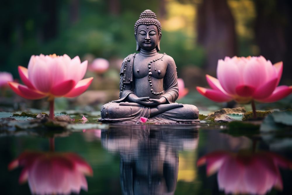 Buddha statue in tranquil lotus pond meditating flower buddha.