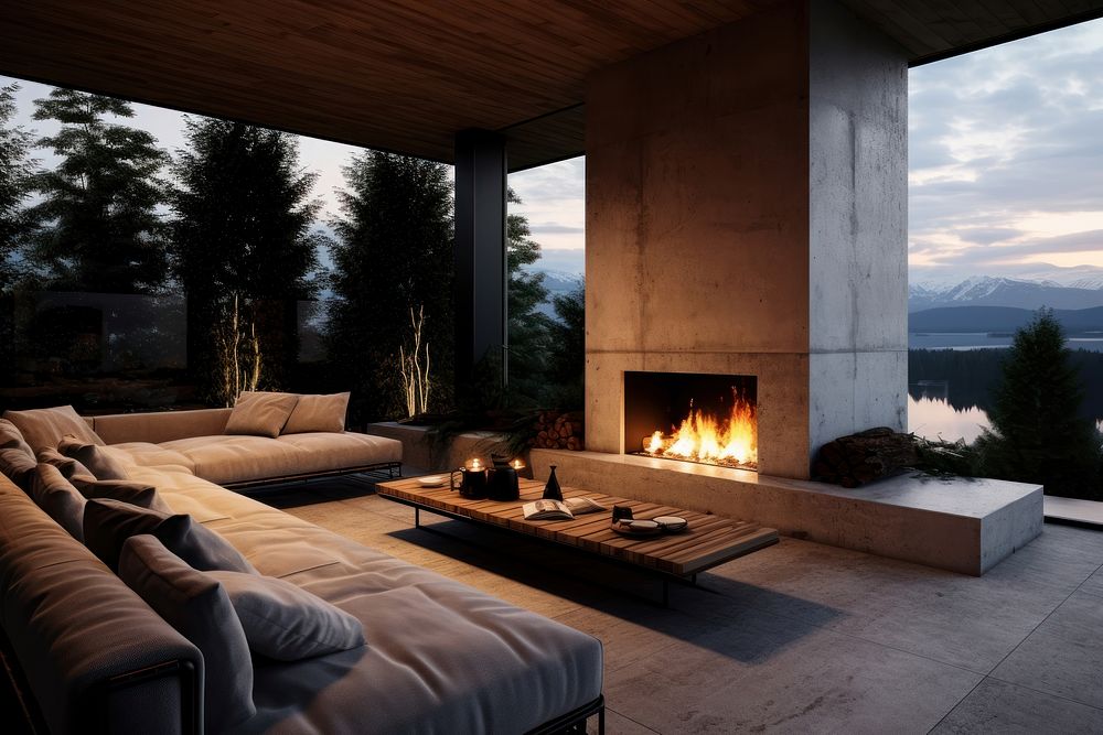 Modern living room fireplace architecture furniture.