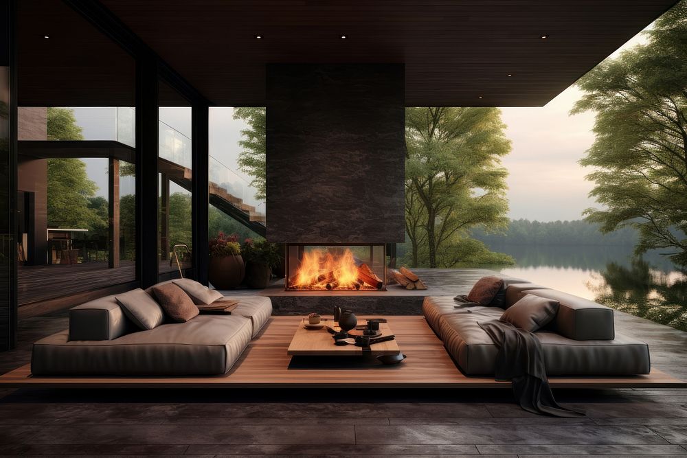 Modern living room fireplace architecture furniture.