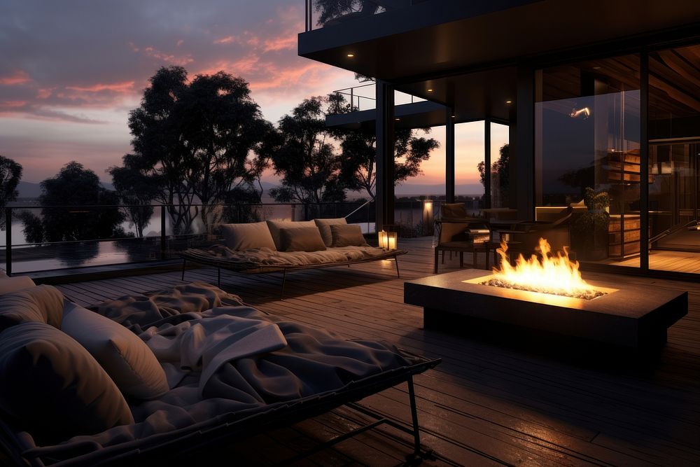 Modern living room fireplace deck architecture.