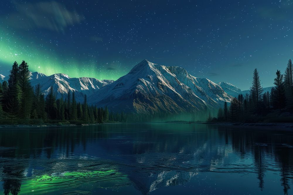 Mountain range and aurora light night landscape panoramic.