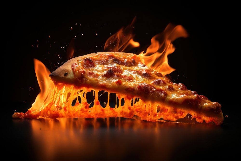 Pizza sliced fire flame bonfire food black background.