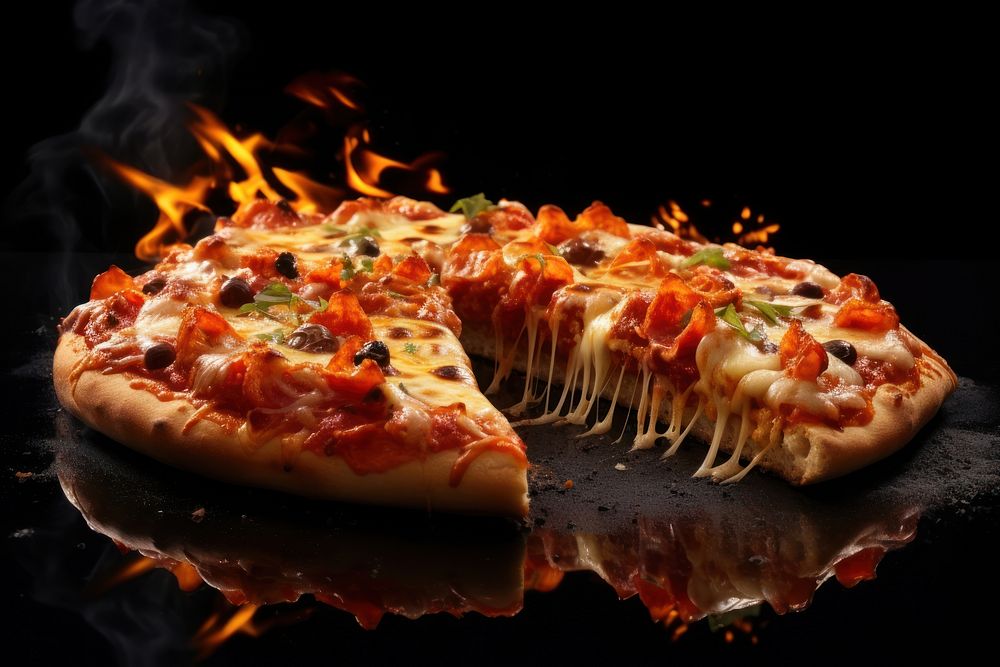 Pizza sliced fire flame food black background mozzarella.