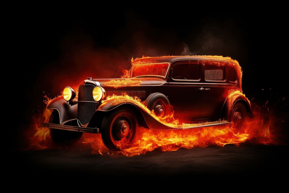 Red vintage car fire flame vehicle black background transportation.