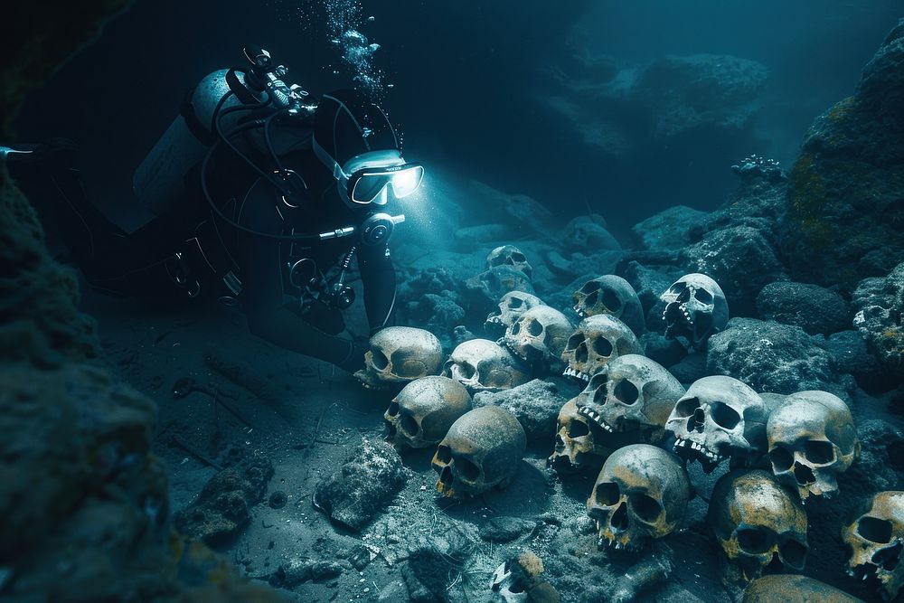 A diver under the deep sea discovering human skulls underwater adventure outdoors.