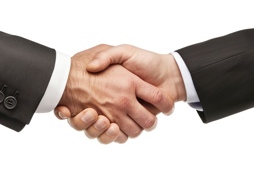 Two hands shaking handshake success white background.