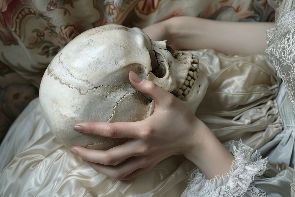 Hand holding a human skull adult art celebration.