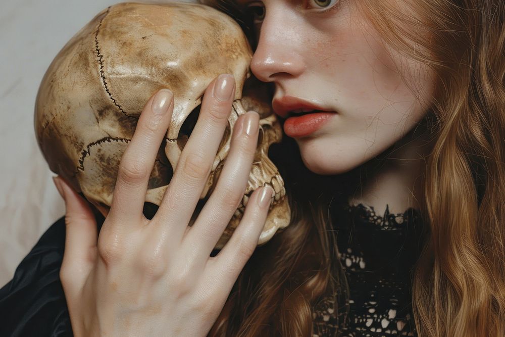 Hand holding a human skull portrait finger adult.