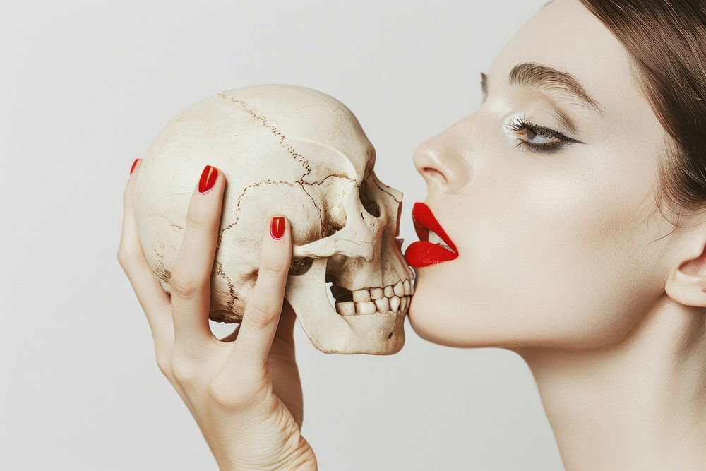 Hand holding a human skull lipstick portrait adult.