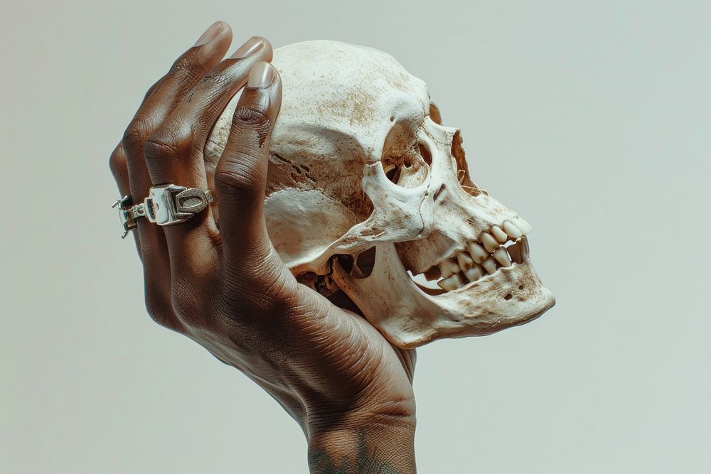 Hand holding a human skull finger adult accessories.