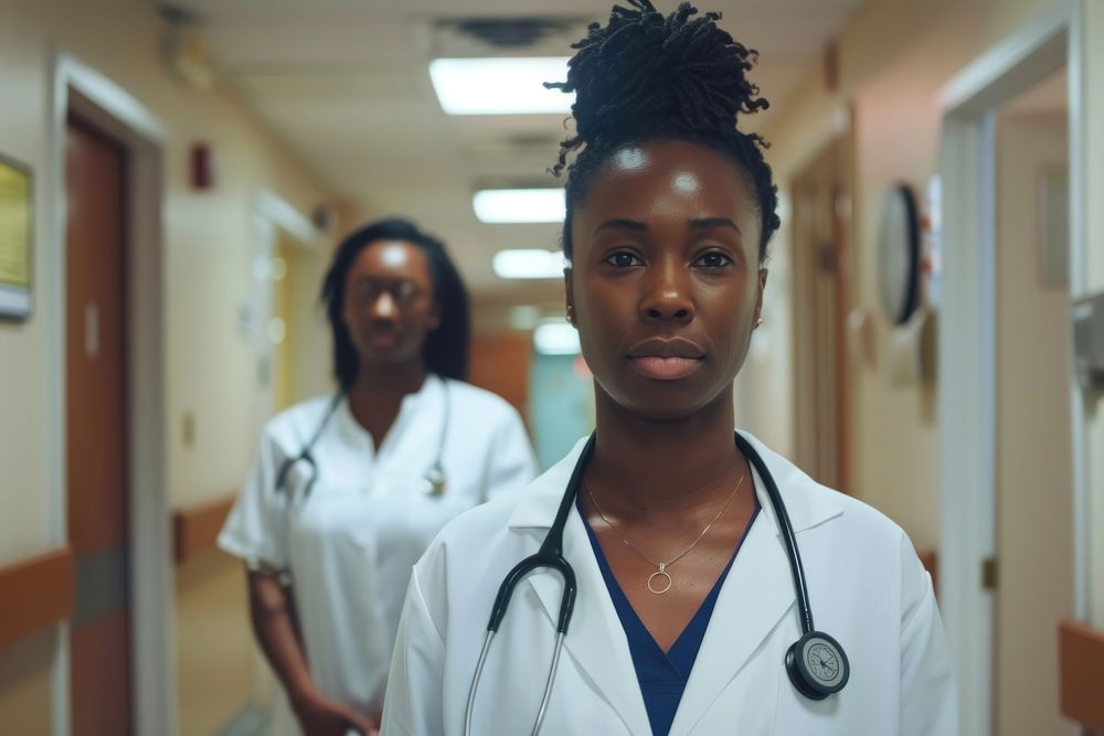 Pride black nurse and doctor hospital corridor standing.