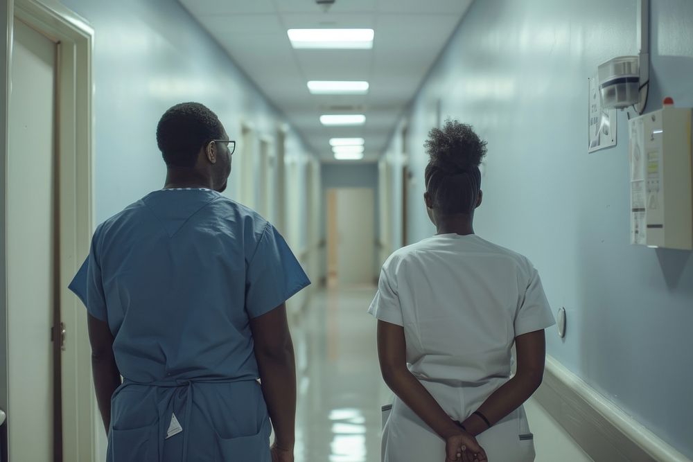Pride black nurse and doctor corridor hospital standing.