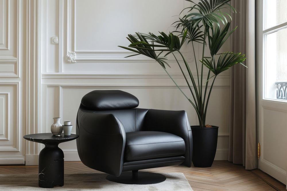 White modern apartment with elegant decor armchair plant furniture.