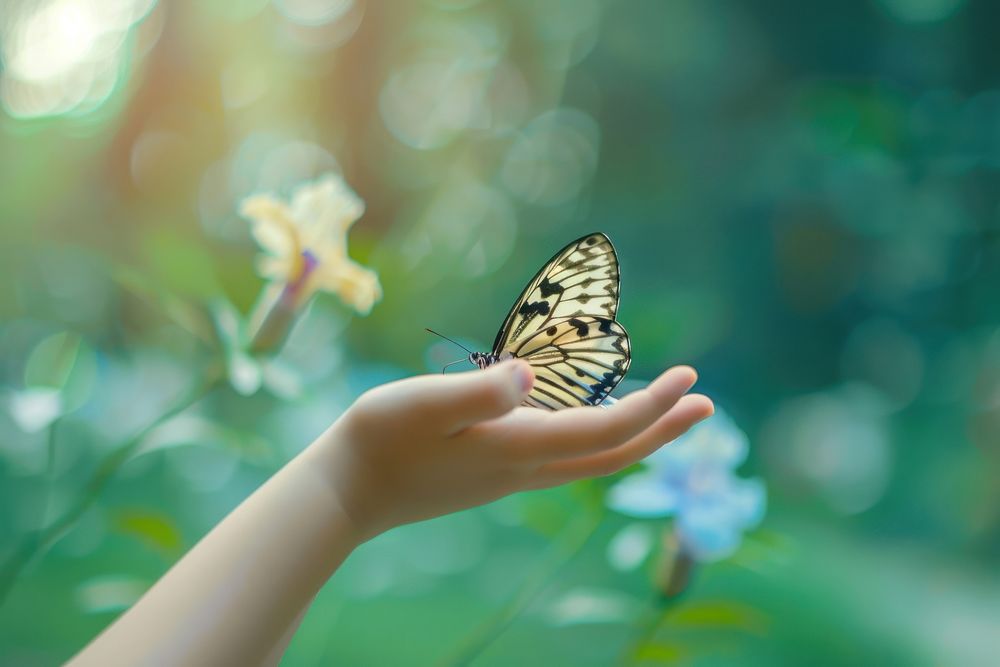A young girl catching a single butterfly hand animal insect.