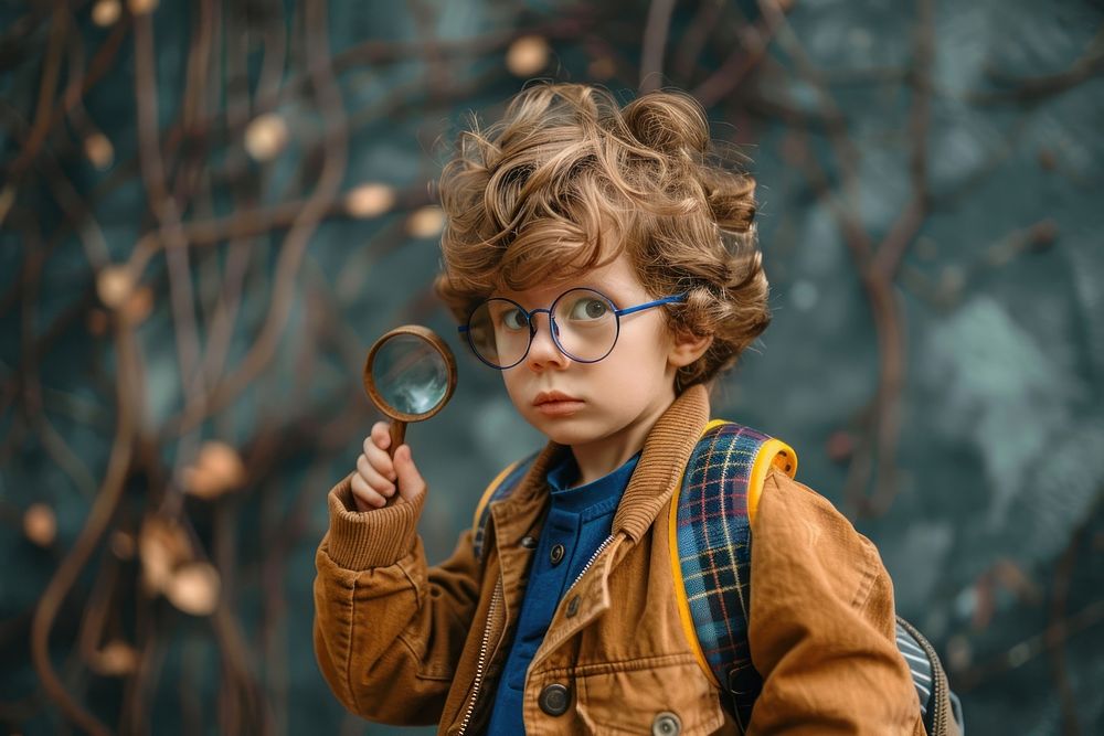 Child holding a tiny magnifying glass portrait photo photography.