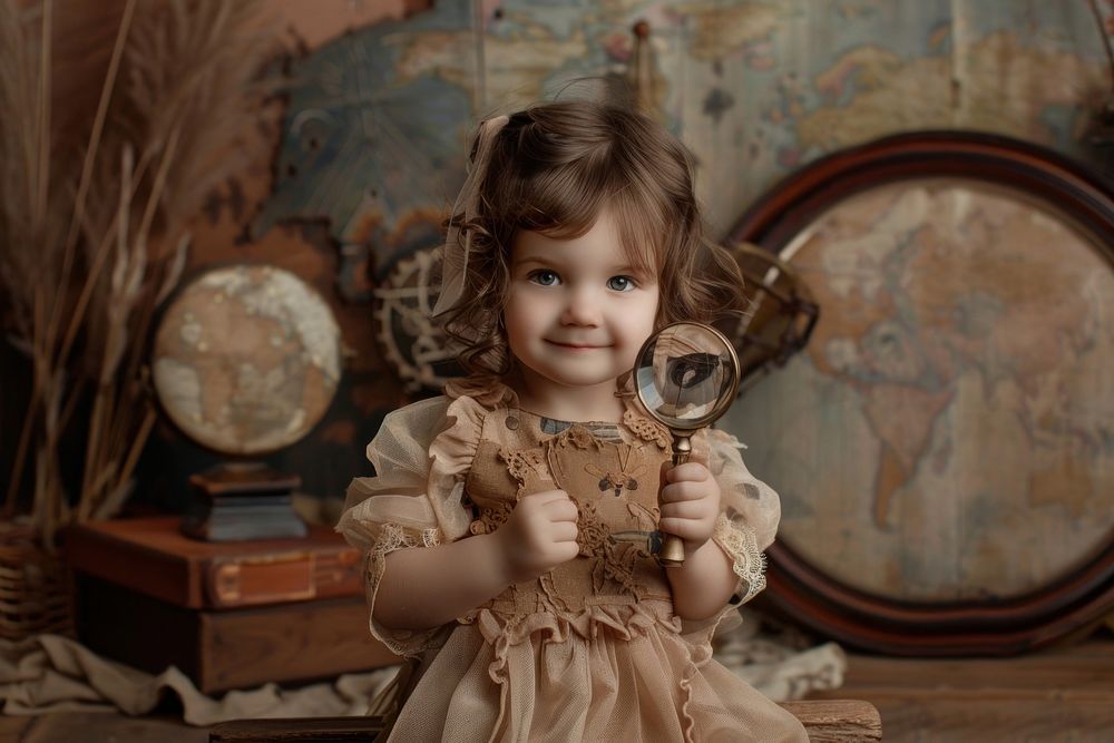 Child holding magnifying glasses portrait photo photography.