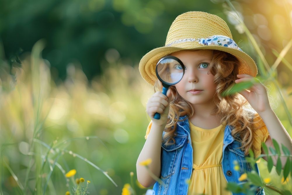 Child holding magnifying glasses portrait photo contemplation.