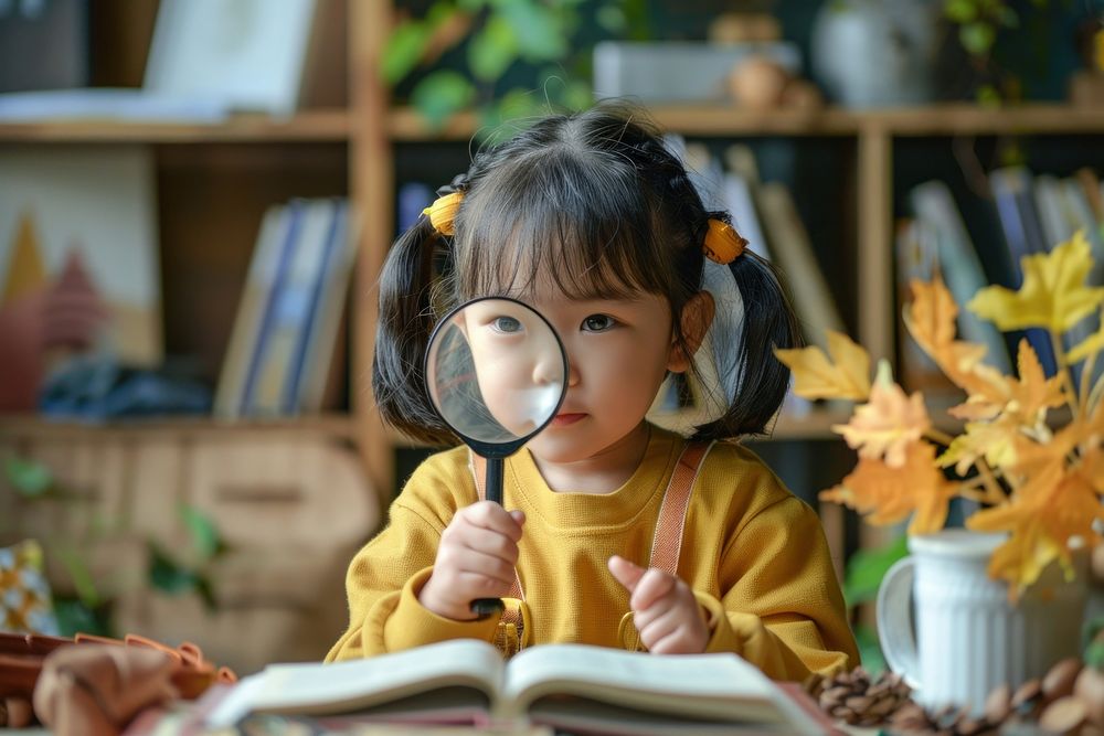 Child holding magnifying glasses portrait photo publication.