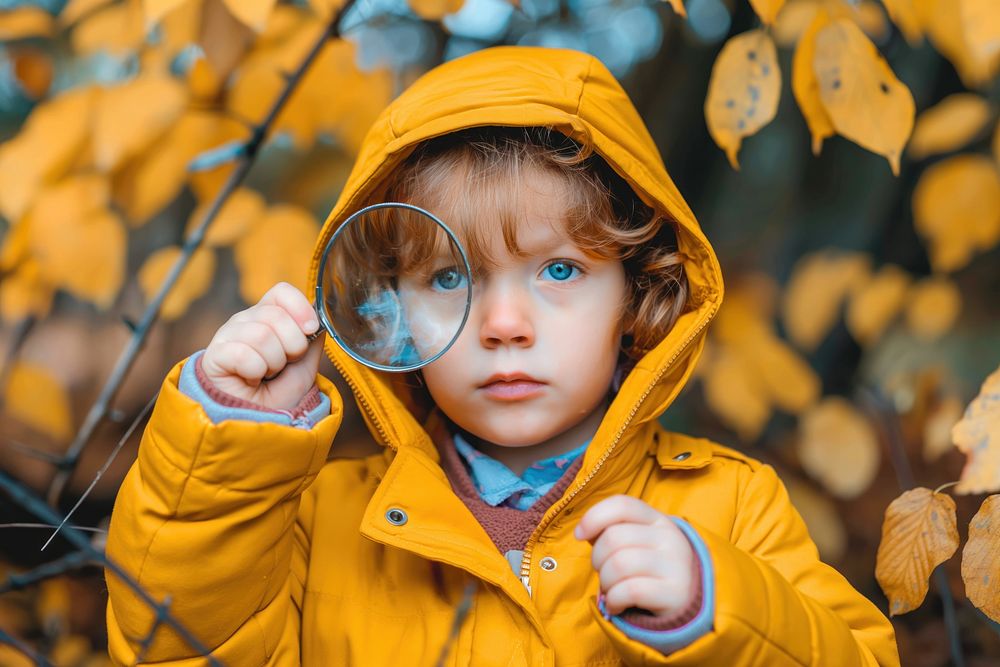 Child holding magnifying glasses raincoat portrait photo.