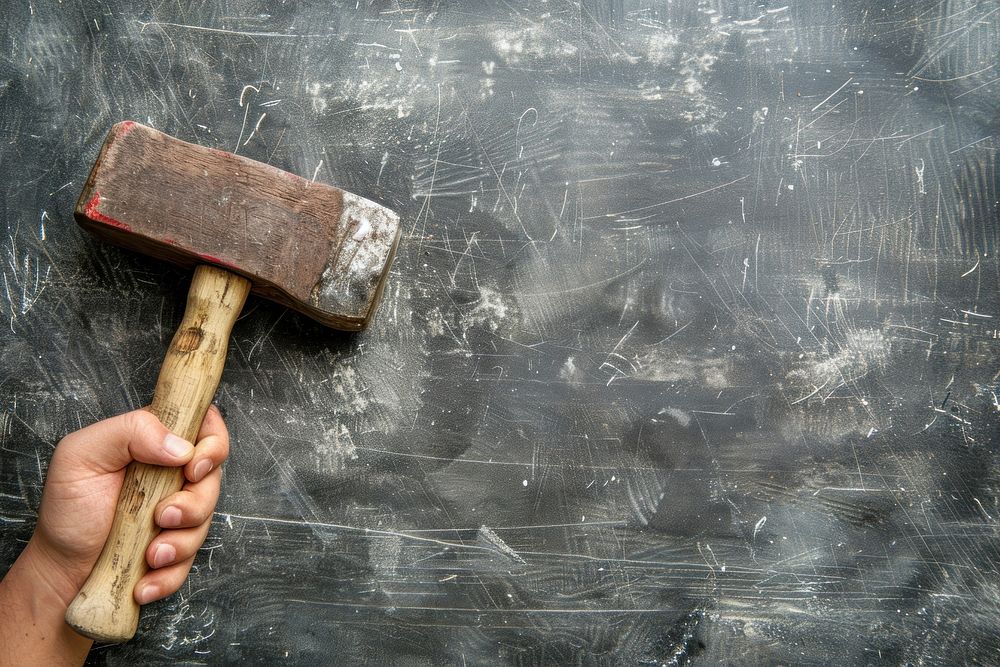 Person holding hammer blackboard tool hand.