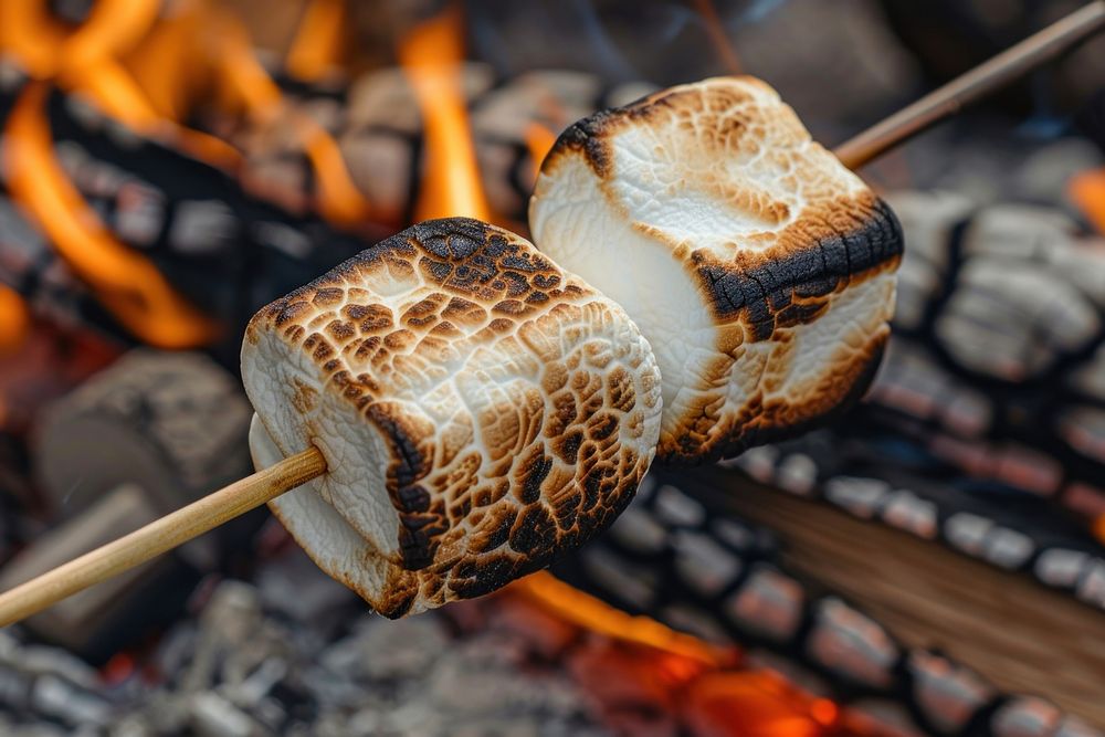 Roasting marshmallow grilling food fire.