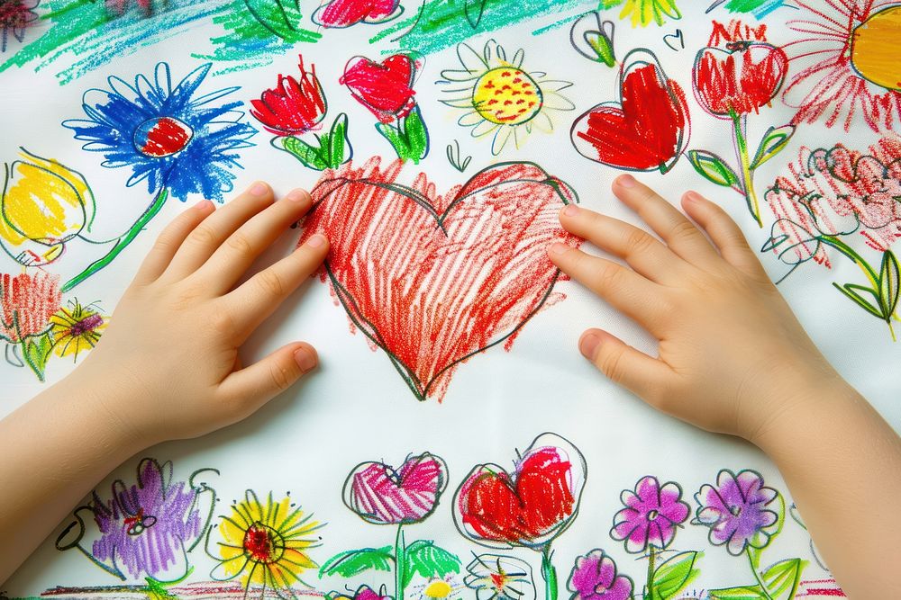 Child hands holding red heart drawing creativity painting.