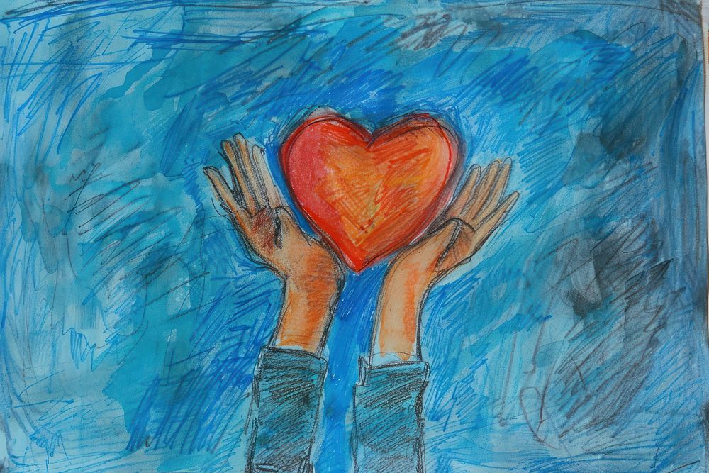 Child hands holding red heart backgrounds painting drawing.