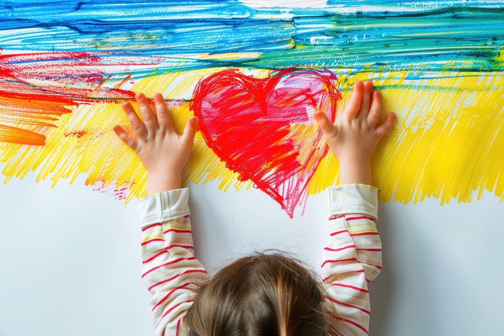 Child hands holding red heart drawing kid creativity.