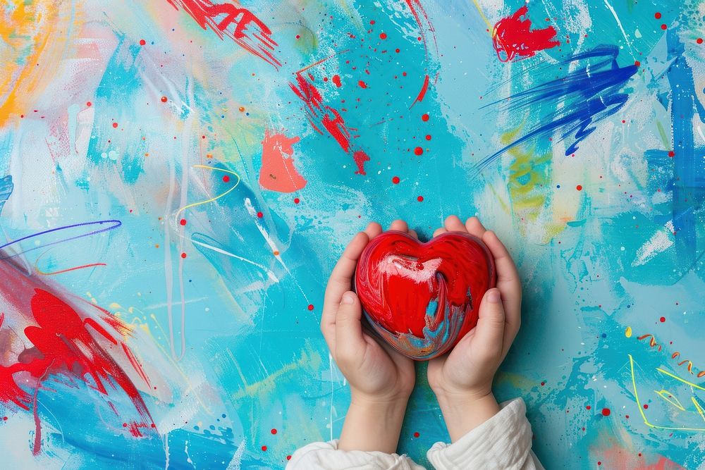 Child hands holding red heart backgrounds drawing creativity.