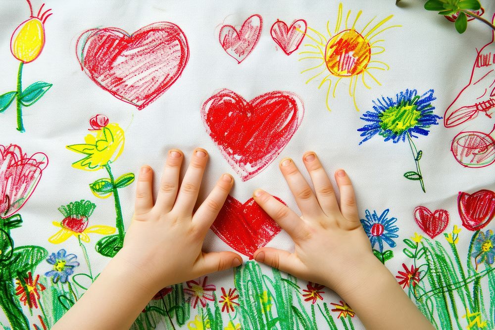 Child hands holding red heart drawing creativity toddler.