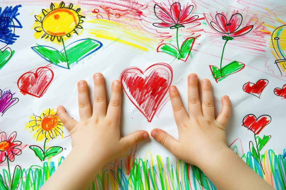 Child hands holding red heart drawing finger creativity.