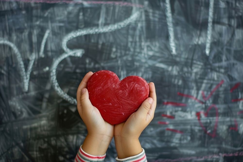 Child hands holding red heart blackboard creativity education.