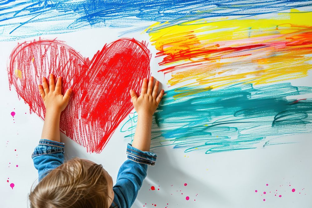 Child hands holding red heart drawing kid paintbrush.