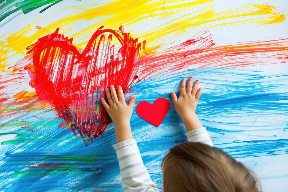 Child hands holding red heart drawing kid creativity.
